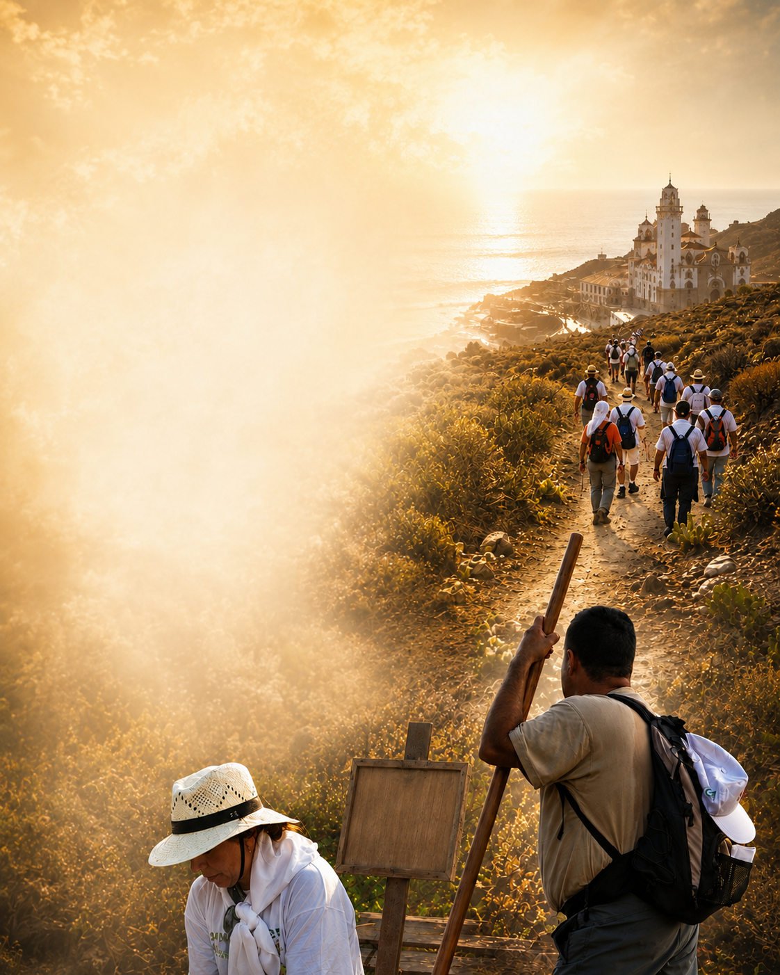 Peregrinos caminando hacia la basílica de Candelaria al amanecer