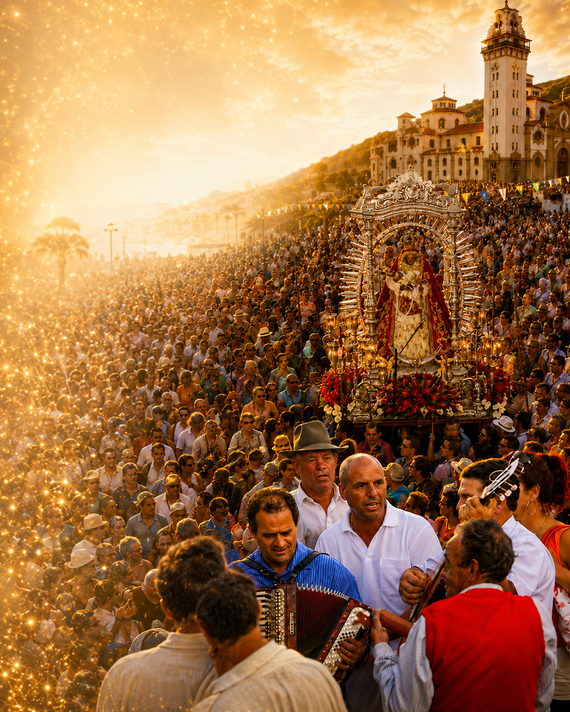 Multitud reunida en Candelaria alrededor de la Virgen y la basílica