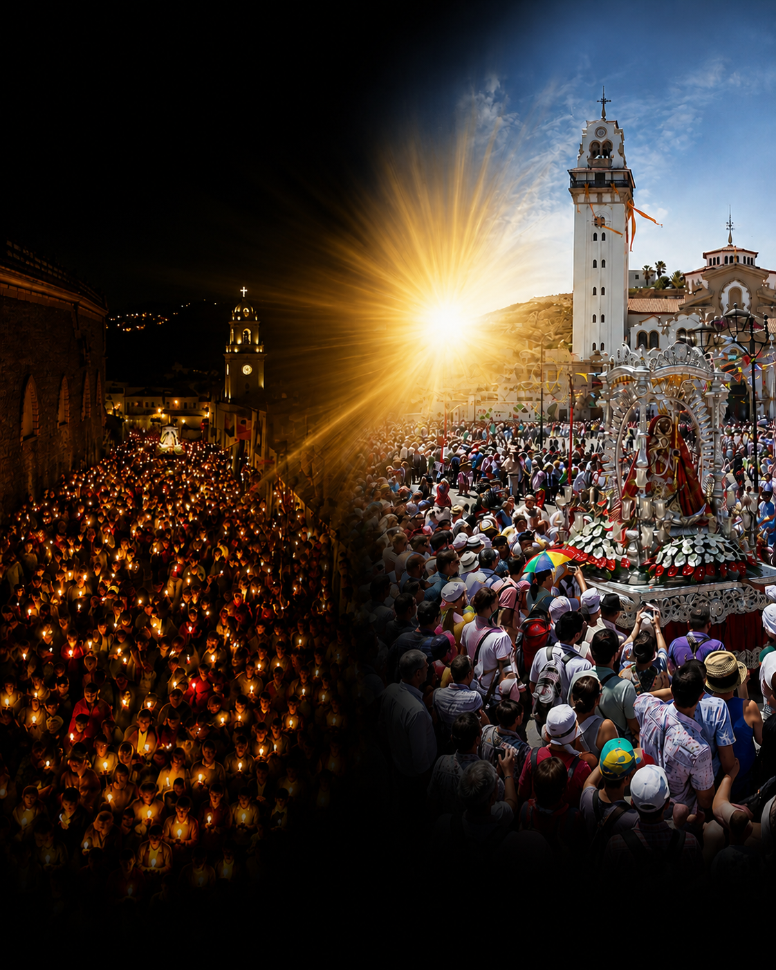 Composición de las celebraciones nocturna y diurna de Candelaria unidas por una luz