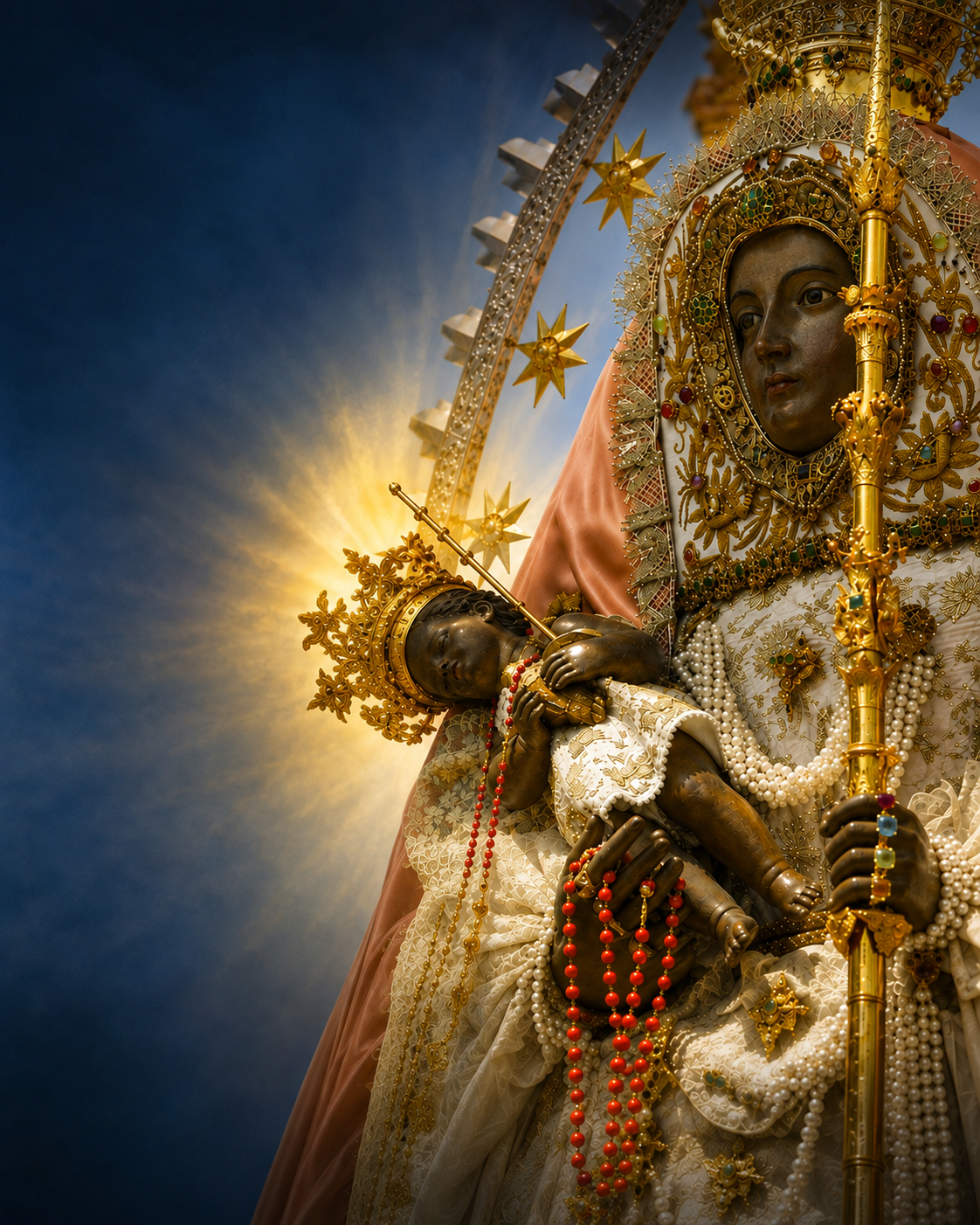 Primer plano de la Virgen de Candelaria y el Niño sobre un fondo azul